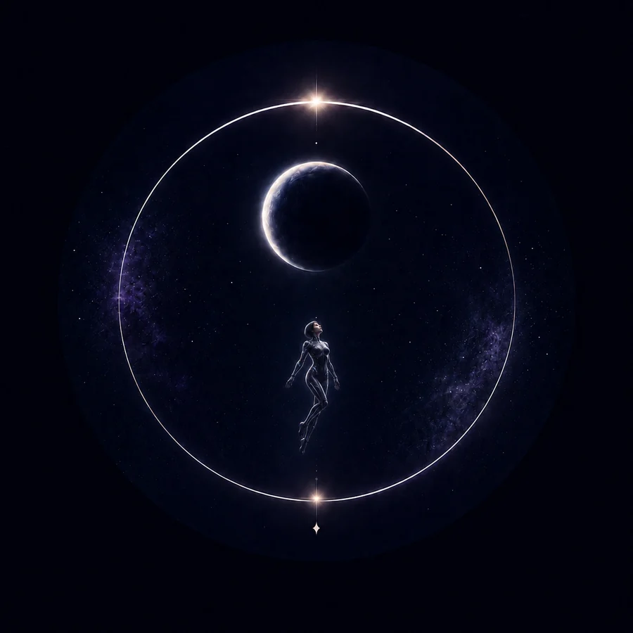Figure floating beneath a planet