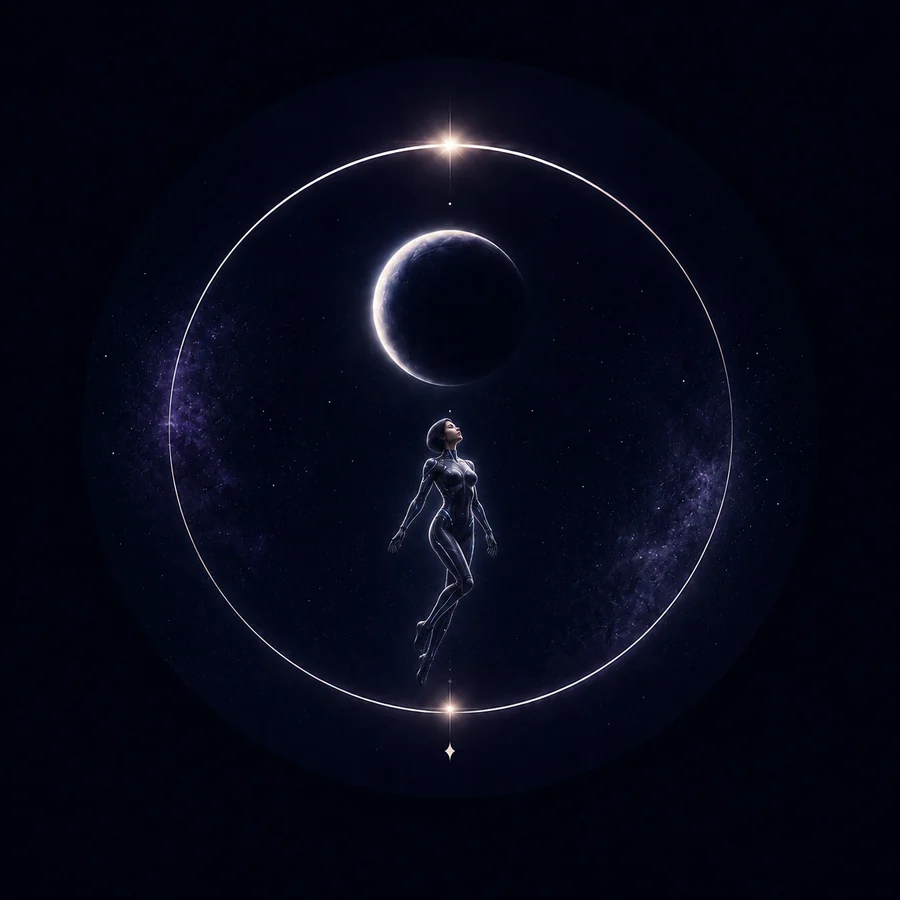 A floating figure inside a glowing orbital circle